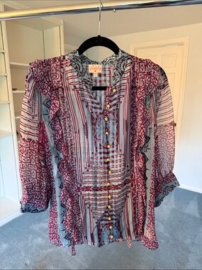 Plenty by Tracy Reese Sheer Purple and Blue Button down 100% Soie Silk